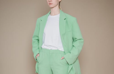 Woman styling power suit with t shirt