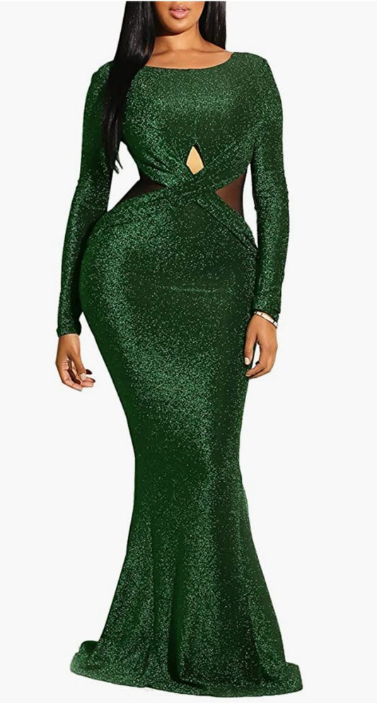Floor length shimmer emerald green dress, cross front with keyhole cut-out under the breast and cut-outs on both sides of the dress at the waist, long sleeve with round neck